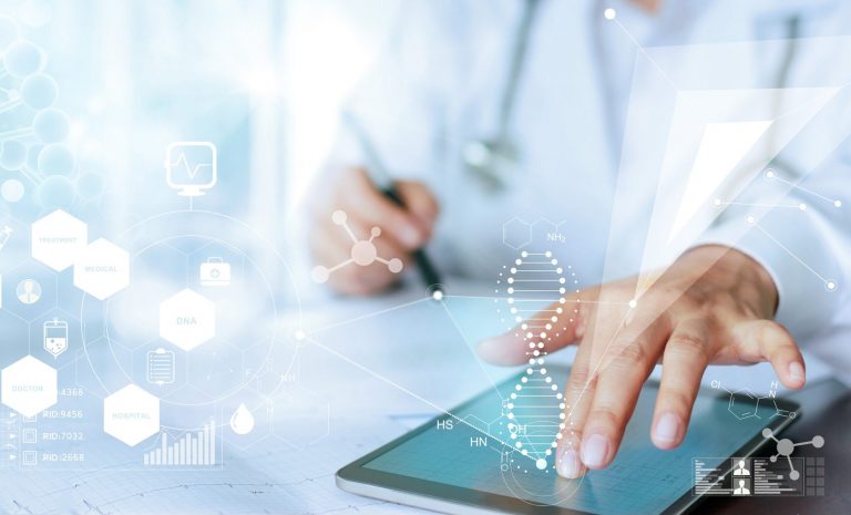Medicine doctor hand touching computer interface as medical network connection with modern virtual screen, medical technology network concept